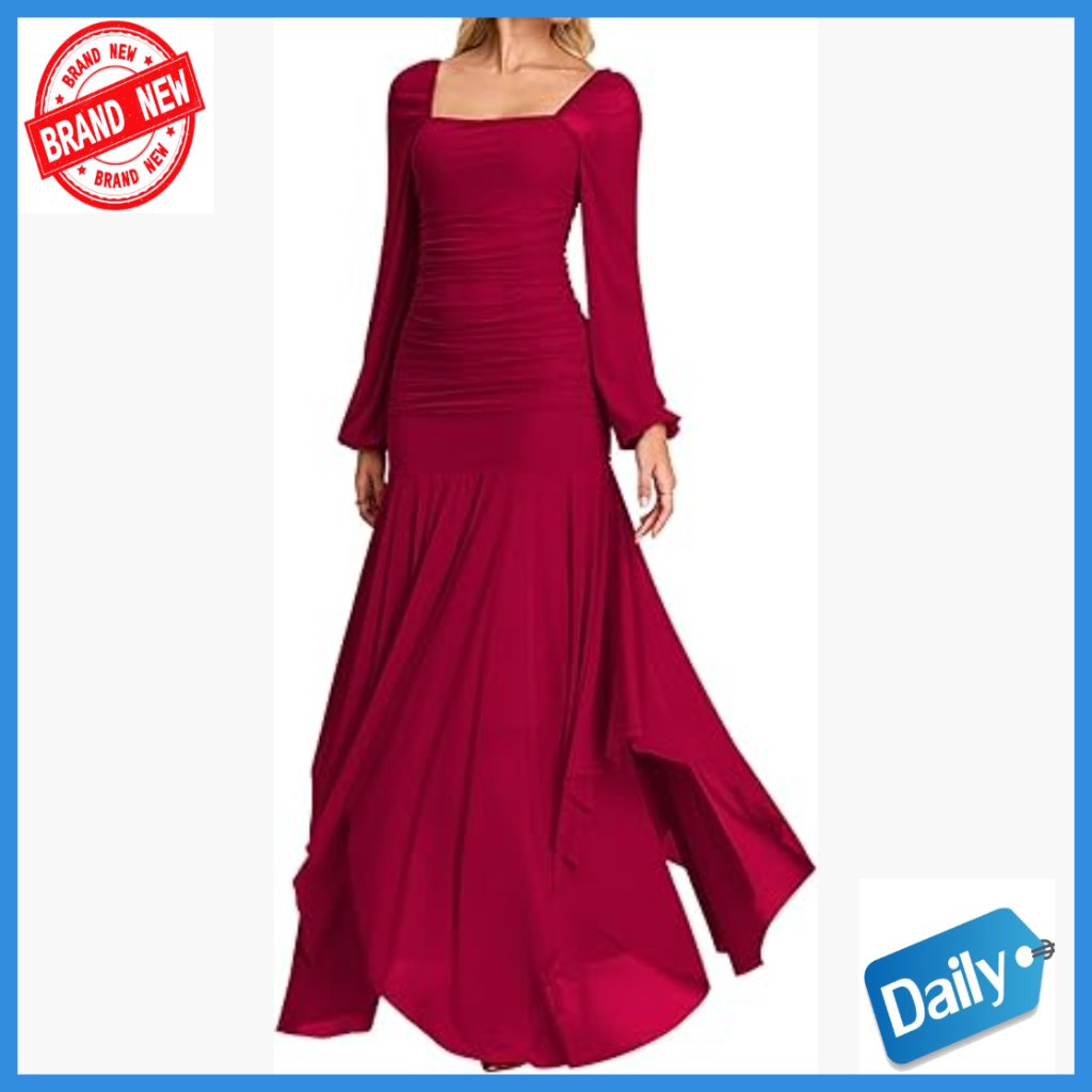 Long Sleeve Maxi Dress With Square Neck And Asymmetrical Hem
